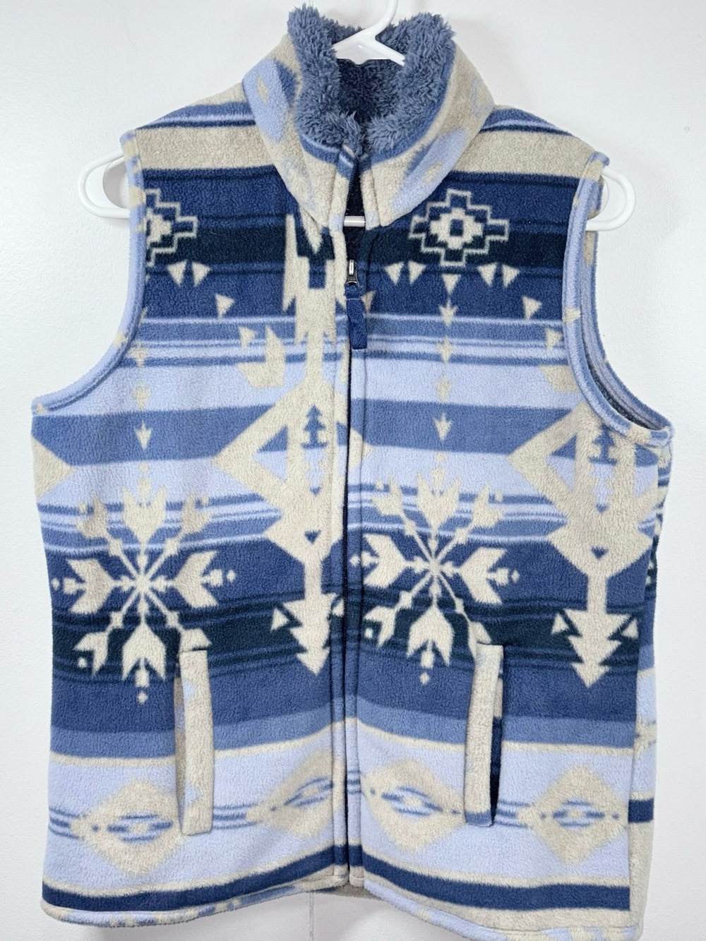 Jane Ashley Women’s M Blue Ivory Southwest Aztec Fleece Vest Sherpa Collar